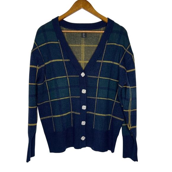 Tahari Navy Blue Plaid Cardigan Sweater with Rhinestone Buttons Size M Women's - Picture 1 of 8